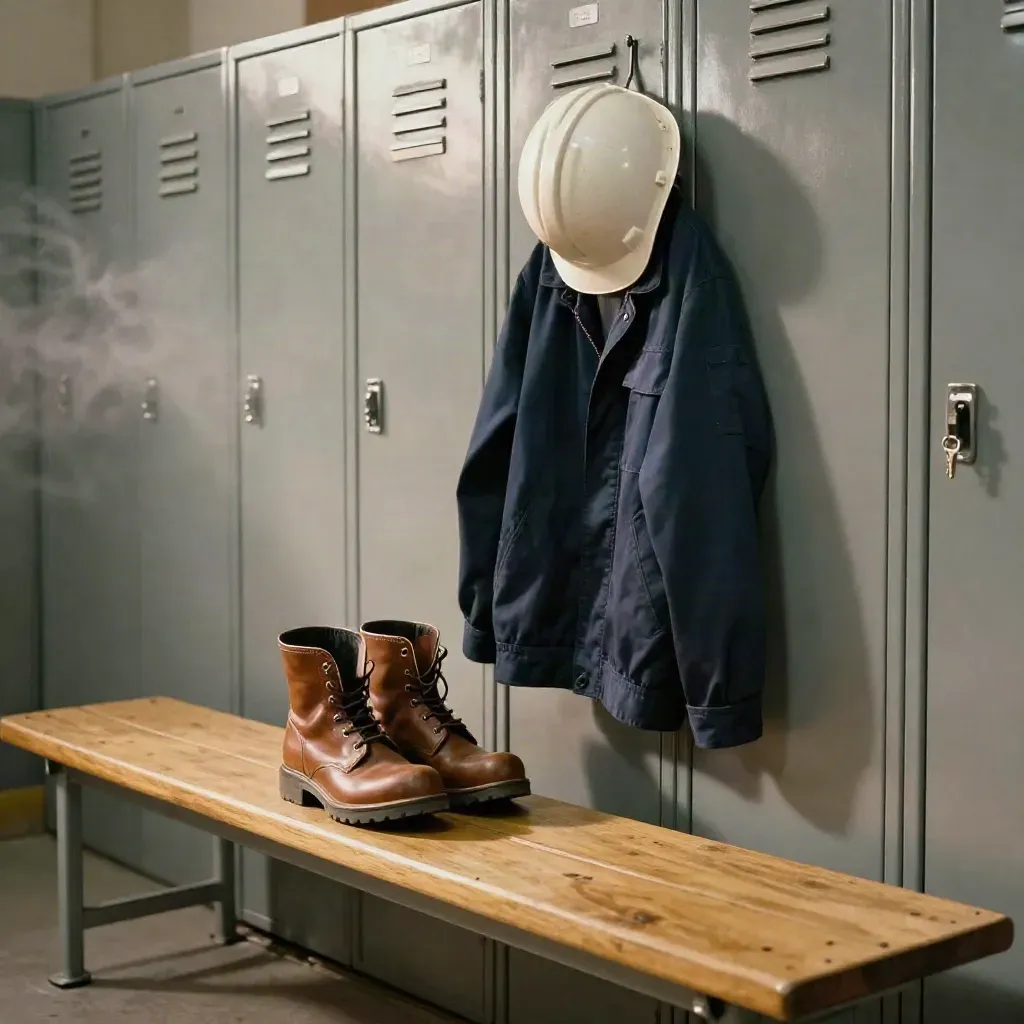 Schrankbank mit Sicherheitsstiefeln, Jacke, Helm und Schlüssel in warmem Licht.