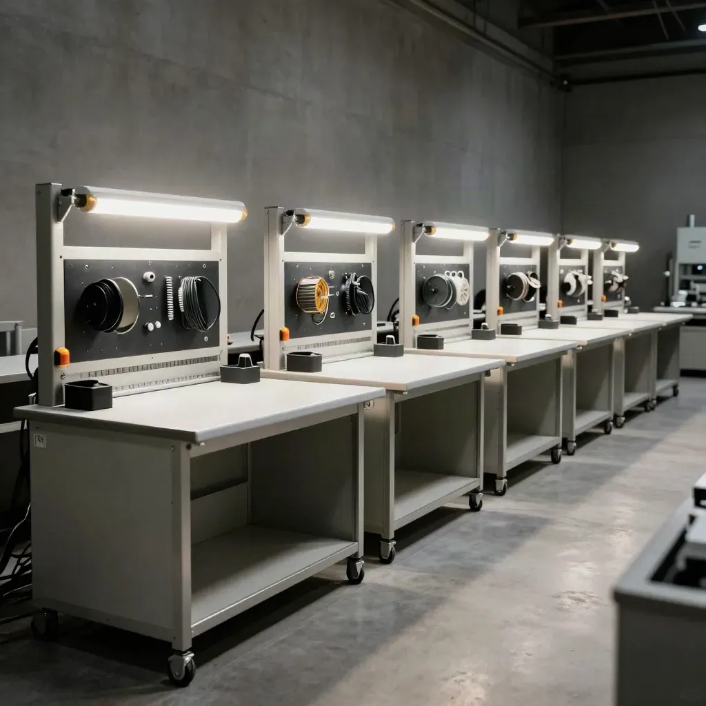 Sechs leere Arbeitsplätze in einer Industriehalle mit Leuchtanzeigen und Werkzeugtafeln.