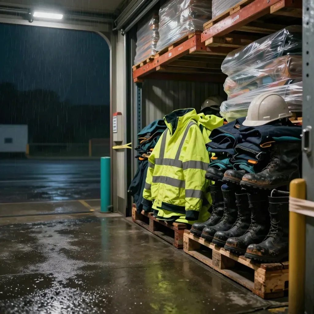 Frühe Lagerhalle mit Arbeitsschuhen, Warnjacken, Helm und geöffnetem Ladedock im Regenlicht.