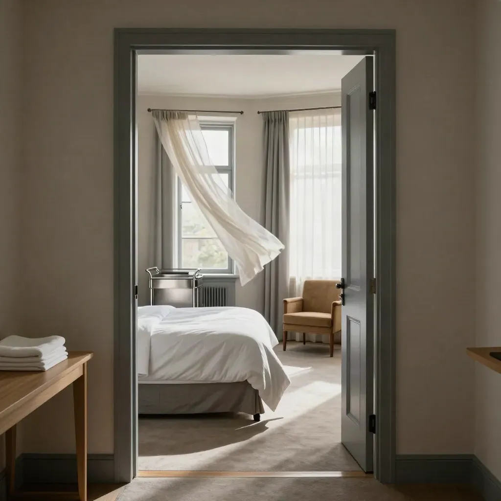 Vorbereitetes Pflegeheimzimmer mit frischer Bettwäsche, Stuhl am Fenster und Medikamentenwagen.