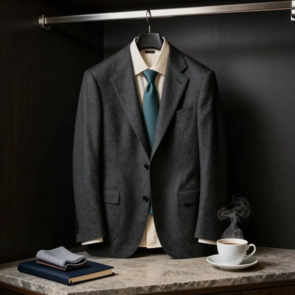 Gepflegtes Bewerbungsoutfit mit Schuhputztuch, Notizbuch und Kaffee in dunklem Raum.