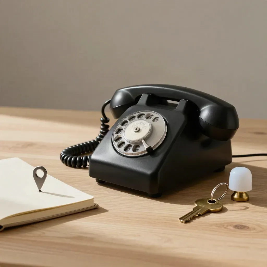 Analoges Telefon, geschlossenes Notizbuch, Standortmarke und Schlüsselring neben einer kleinen Lampe auf hellem Holz.
