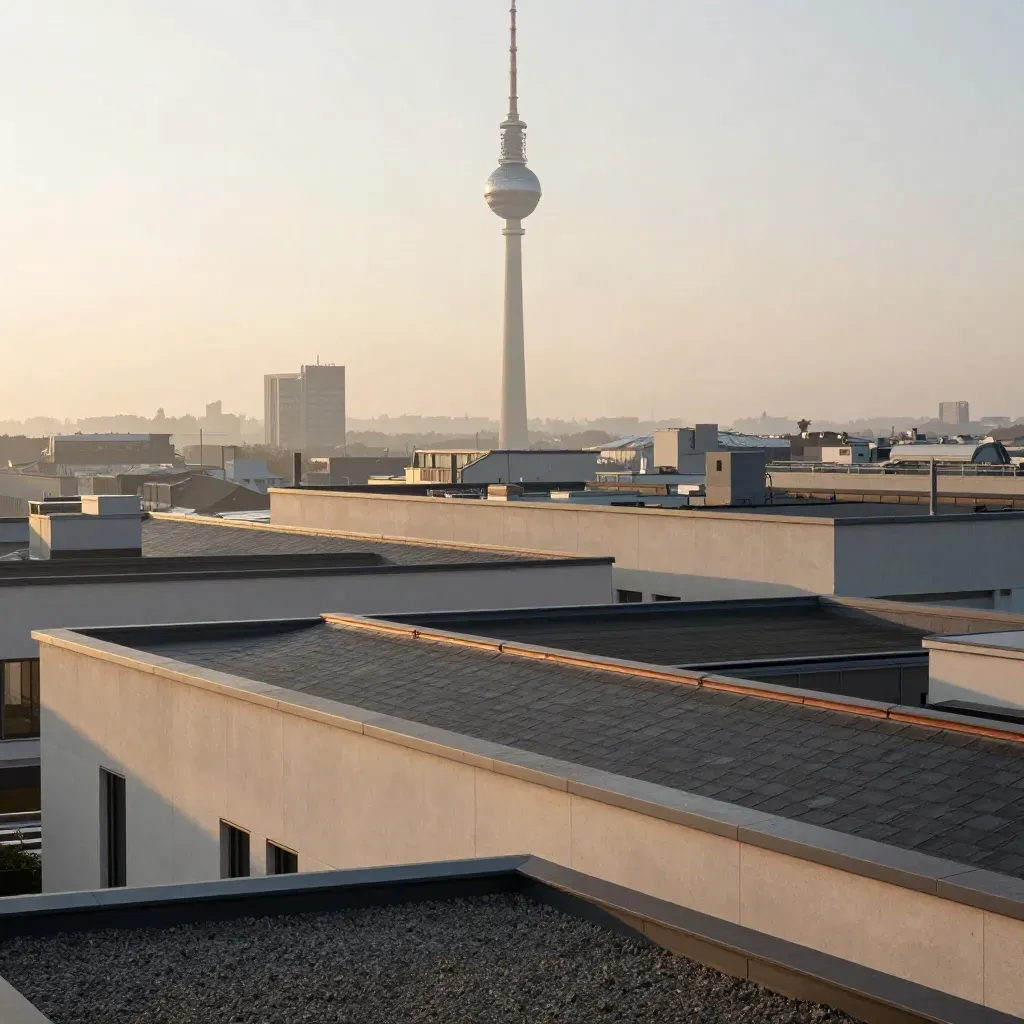 Blick über Berlins Dächer mit dem Fernsehturm im Morgennebel.