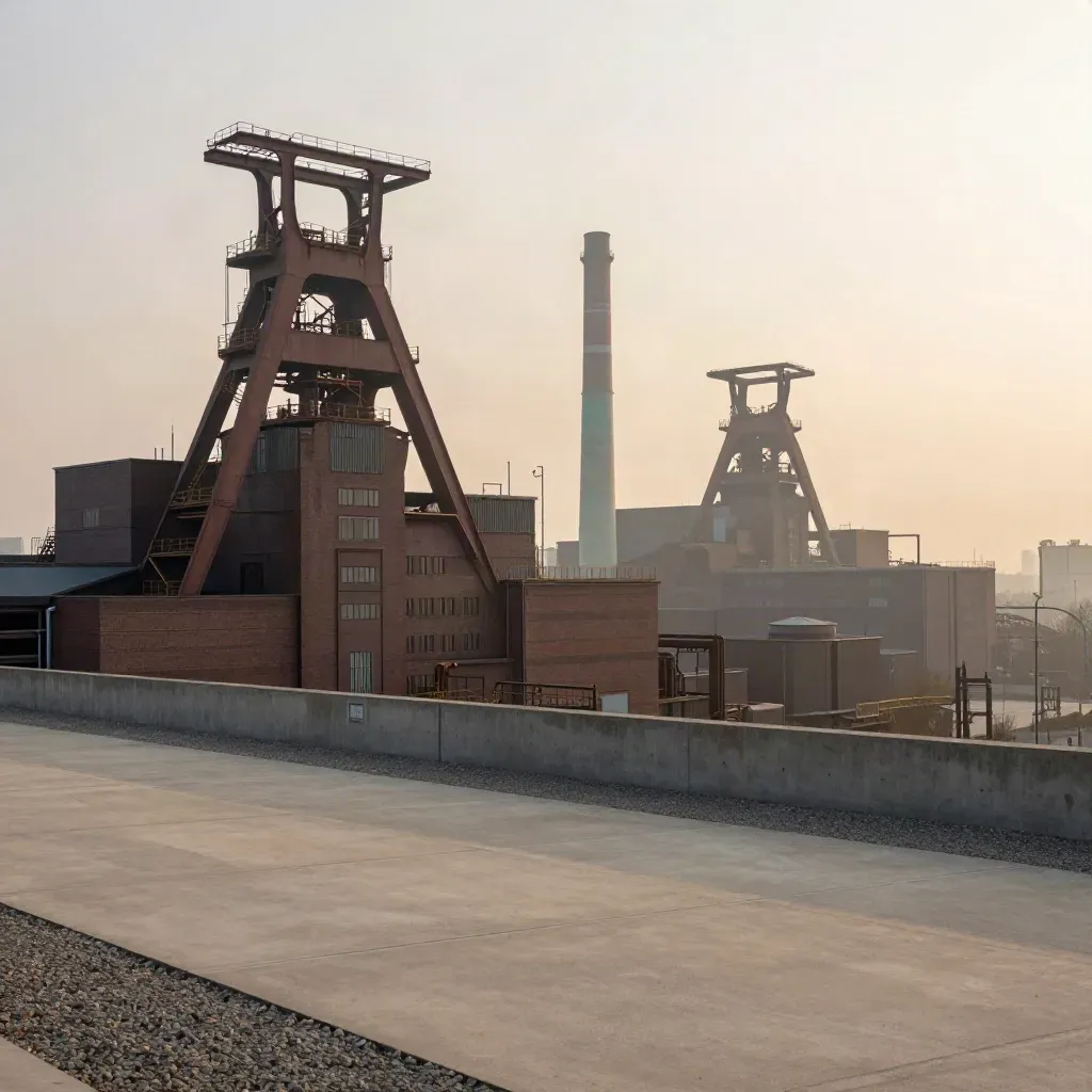 Blick auf Zollverein und Ruhrschornsteine im goldenen Morgennebel mit freier Fläche unten.