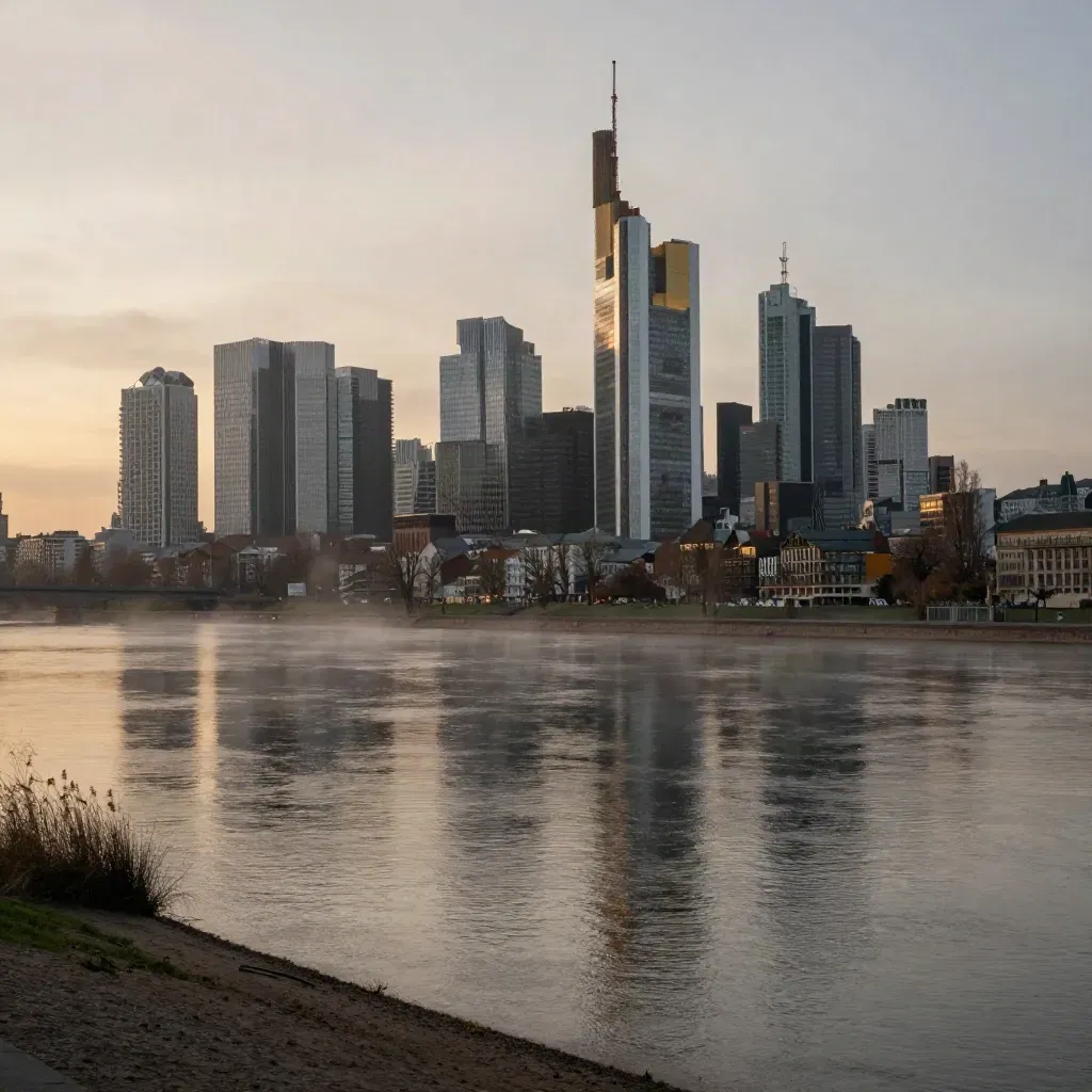 Frankfurter Skyline über dem Main im Abendlicht mit aufsteigendem Flussnebel